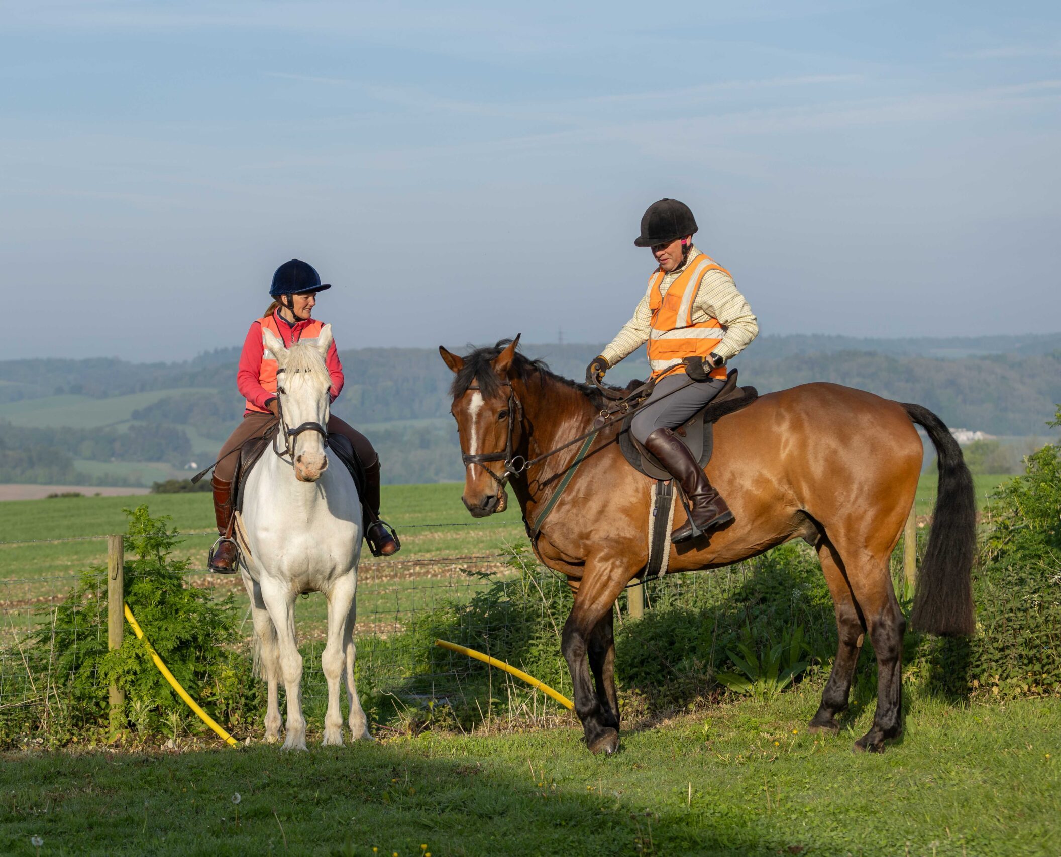 Two horse riders in a field